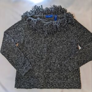 Grey Fringe Neckline Cozy Pullover Sweater